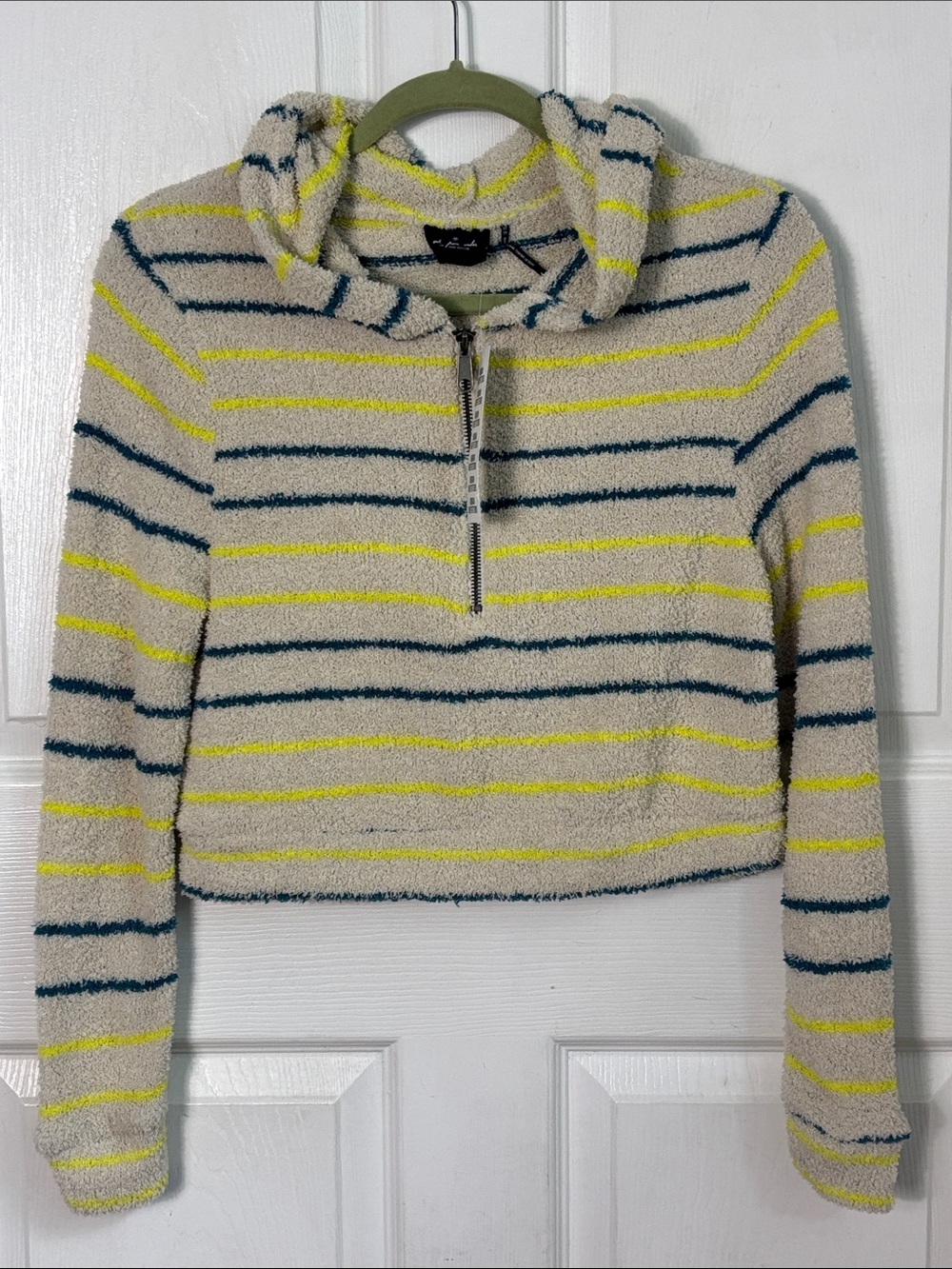 NEW UO Out From Under Cozy Striped Half-Zip Cropped Hooded Sweater Size XS